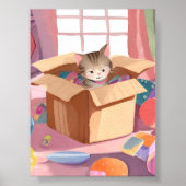 Cat in Cardboard Box | Kitten Watercolor Cat Art Poster (Voorkant)