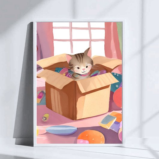Cat in Cardboard Box | Kitten Watercolor Cat Art Poster