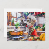 Cat in chef hat cooking with vegetables and fish feestdagenkaart (Voorkant / Achterkant)