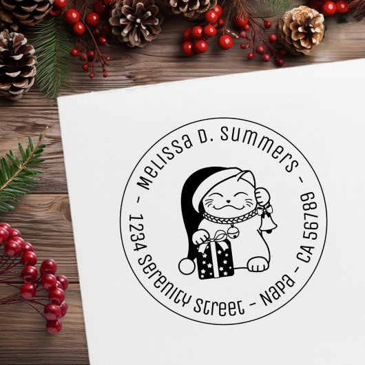 Cat in Christmas Hat Round Address Rubberstempel