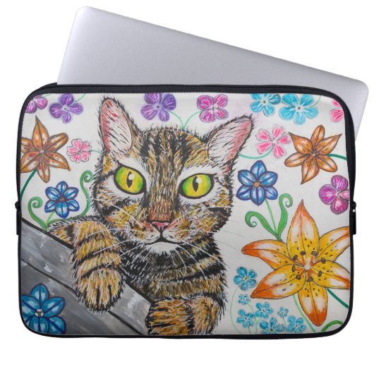 Cat in floral background Electronics Bag Laptop Sleeve (Voorkant)