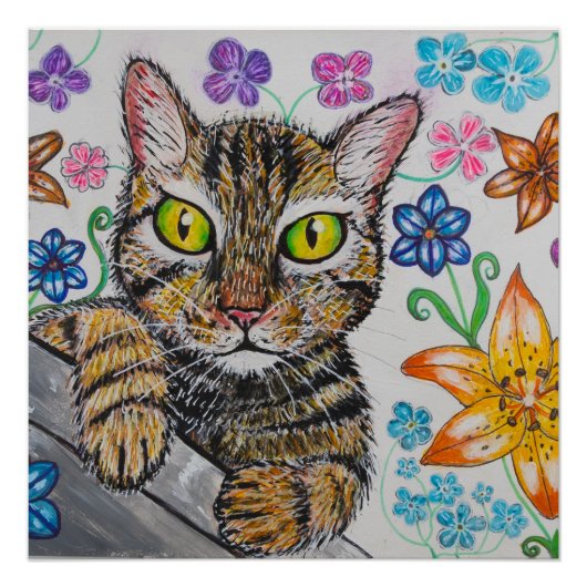 Cat in floral background Glossy Poster (Voorkant)
