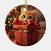 Cat in Gift Box - Cat Popping Out of Present Xmas Keramisch Ornament (Voorkant)