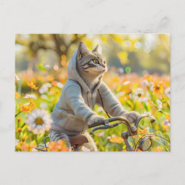 Cat in hoodie cycling across summer meadow feestdagenkaart