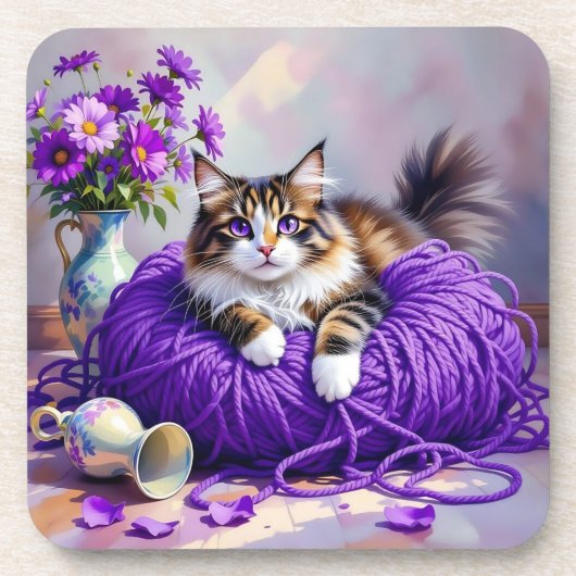 Cat  in Purple Yarn and Flowers   Bier Onderzetter (Voorkant)