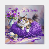 Cat in Purple Yarn and Flowers Personalized Magneet (Voorkant)