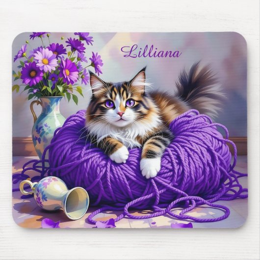 Cat  in Purple Yarn and Flowers Personalized Muismat (Voorkant)