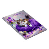 Cat  in Purple Yarn and Flowers Personalized Notitieboek (Rechterzijde)