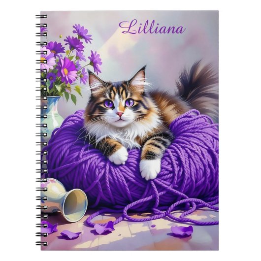 Cat  in Purple Yarn and Flowers Personalized Notitieboek (Voorkant)