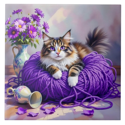 Cat  in Purple Yarn and Flowers   Tegeltje (Voorkant)
