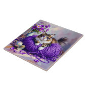 Cat  in Purple Yarn and Flowers   Tegeltje (Zijkant)