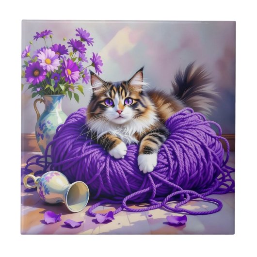 Cat  in Purple Yarn and Flowers   Tegeltje (Voorkant)