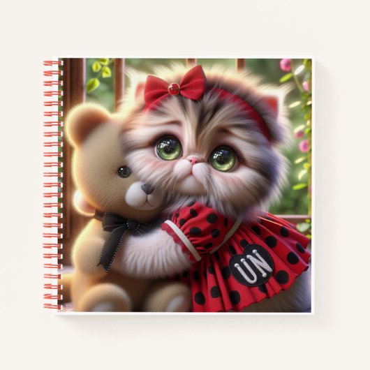 Cat in Red Dress with Teddy Bear Notitieboek (Voorkant)