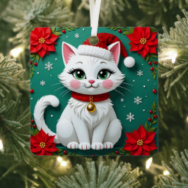 Cat in Santa Hat Poinsettias Festive Christmas  Metalen Ornament
