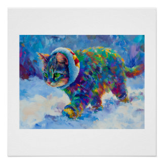 Cat in Snow Wearing Ear Muffs Perfect Poster