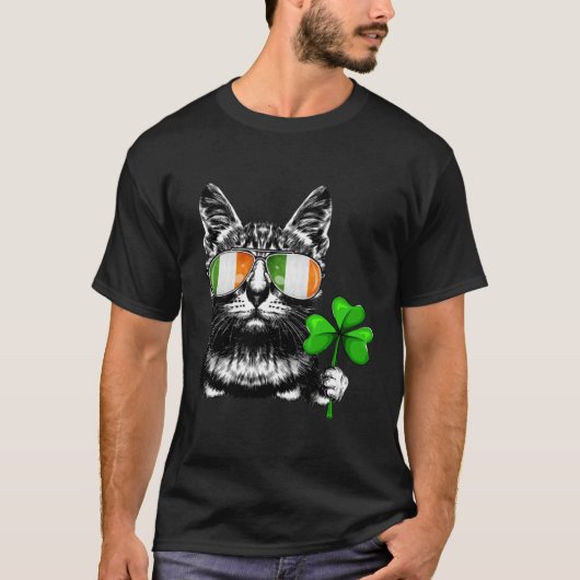 Cat Ireland Flag Sunglazen Shamrock St Patricks D T-shirt (Voorkant)