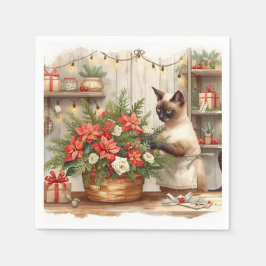 Cat is arranging Christmas Flowers Servet