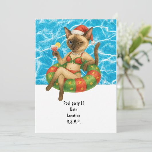 Cat is at the pool for pool party kaart (Staand voorkant)