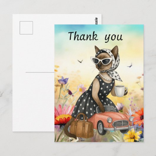 Cat is in flower field  thank you card briefkaart (Voorkant / Achterkant)