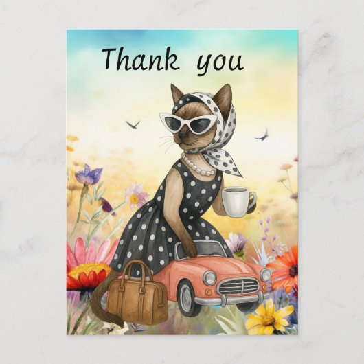 Cat is in flower field  thank you card briefkaart (Voorkant)