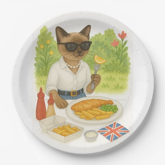 Cat is in Londen en eet vis en chips Papieren Bordje (Voorkant)