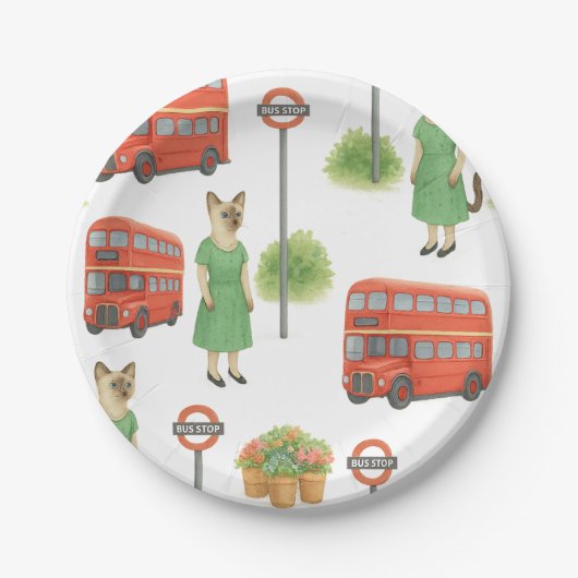 Cat is in Londen met een dubbeldekker bus Papieren Bordje (Voorkant)