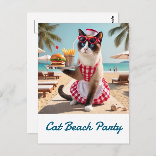Cat is serving hamburger for beach party briefkaart (Voorkant / Achterkant)