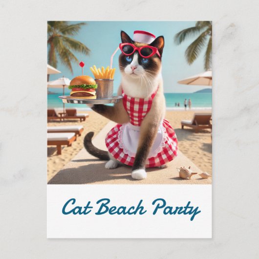 Cat is serving hamburger for beach party briefkaart (Voorkant)