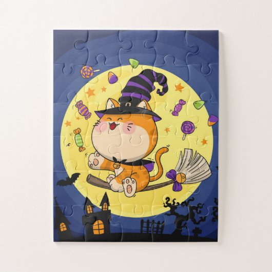 Cat Jigzaag Puzzle Cute Halloween Witch Legpuzzel (Verticaal)