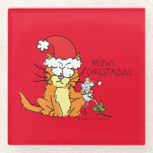 Cat Kerstmis Funny Cartoon Cute Mouse Glazen Onderzetter (Voorkant)