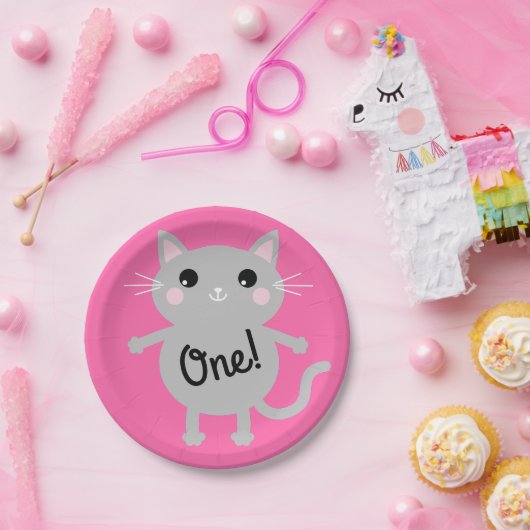 Cat Kind's Verjaardagsfeestje Roze Leuk Papieren Bordje (Feest)