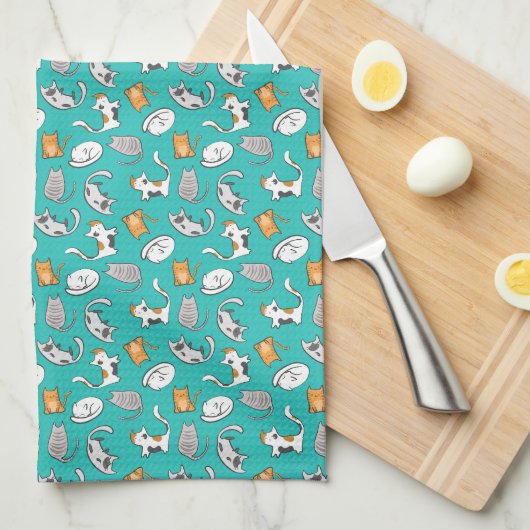 Cat Kitchen Towel (Blauwgroen) Theedoek (Quarter Fold)