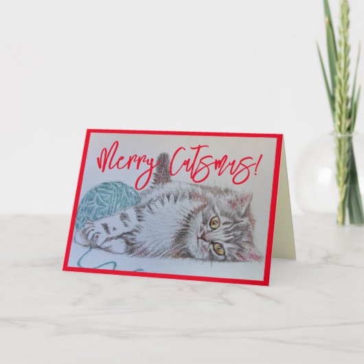 Cat Kitten Art-kerstkaart voor Cute Gray Kaart (Voorkant)