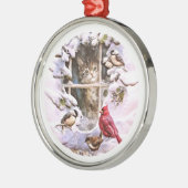 Cat Kitten Birds Snow Family Metalen Ornament (Links)