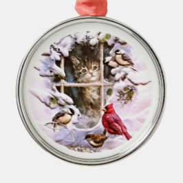 Cat Kitten Birds Snow Family Metalen Ornament