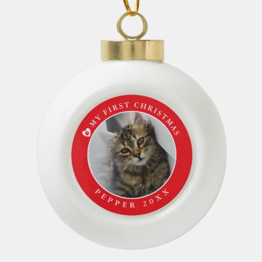 Cat Kitten eerste kerstfoto Keramische Bal Ornament (Voorkant)