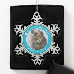 Cat Kitten eerste kerstfoto Tin Sneeuwvlok Ornament