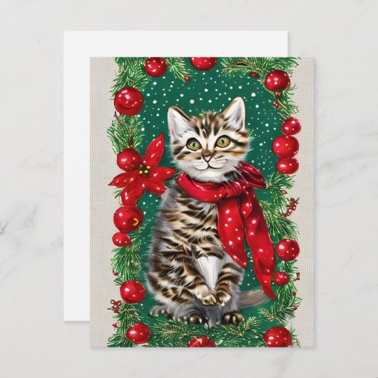  Cat Kitten Kerst Kaart (Voorkant / Achterkant)