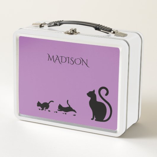 Cat / kitten metalen lunchbox in paarse / aangepas (Voorkant)