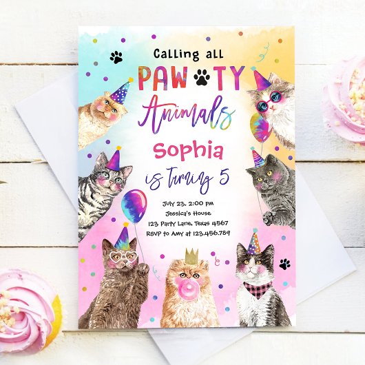 Cat Kitten Party Pawty Animals Girl Birthday Kaart