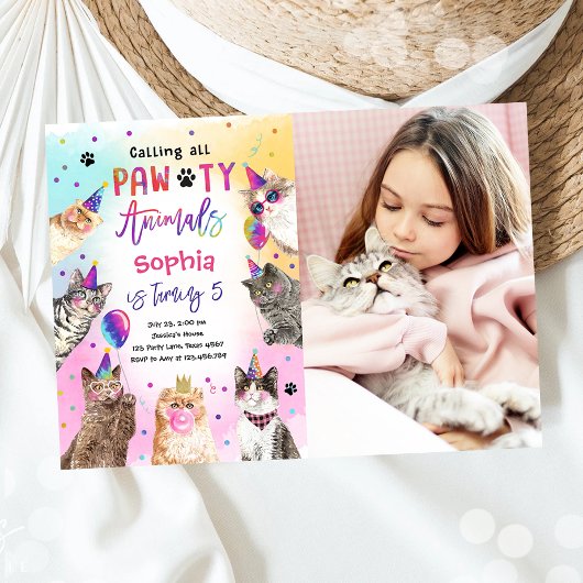 Cat Kitten Party Pawty Animals Girl Birthday Kaart