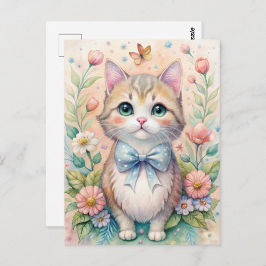 Cat Kitten Pastel Bow Wildflowers Briefkaart (Voorkant / Achterkant)