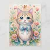 Cat Kitten Pastel Bow Wildflowers  Briefkaart (Voorkant)