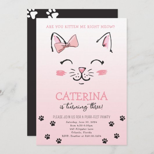 Cat Kitten verjaardagsfeestje uitnodigen Kaart (Voorkant / Achterkant)