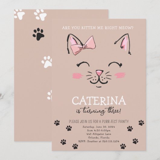 Cat Kitten verjaardagsfeestje uitnodigen Kaart (Voorkant / Achterkant)