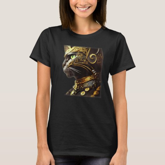Cat Knight Wearing Gold Filigree Armor Black T-shirt (Voorkant)