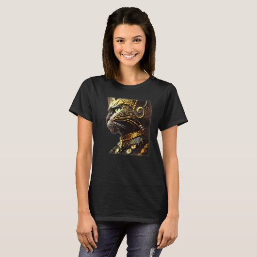 Cat Knight Wearing Gold Filigree Armor Black T-shirt (Voorkant volledig)