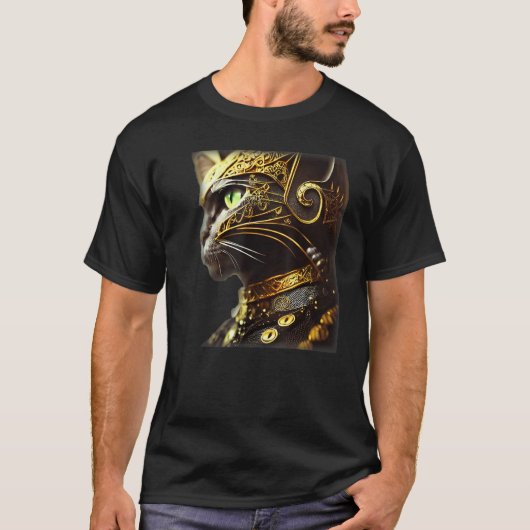 Cat Knight Wearing Gold Filigree Armor Black T-shirt (Voorkant)