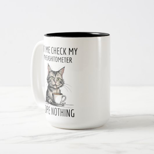 Cat, laat me mijn giveashitometer controleren, hoo tweekleurige koffiemok (Voorkant links)