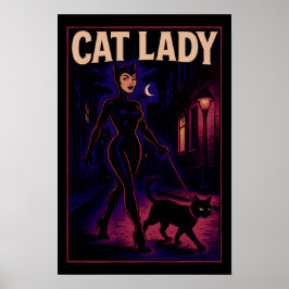 Cat Lady -Cats Art Lover- City Night Comic Graphic Poster
